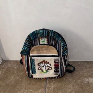 Himalayan Hemp Striped Mini Backpack/Purse With Mushroom Design Made in Nepal
